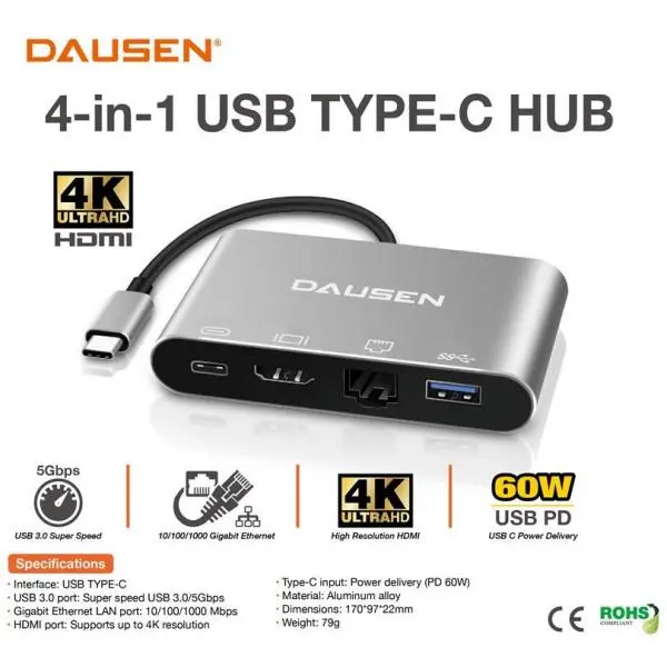 ⁦תחנת עגינה למחשב נייד DAUSEN 4 IN 1 TYPE-C⁩ – תמונה ⁦2⁩